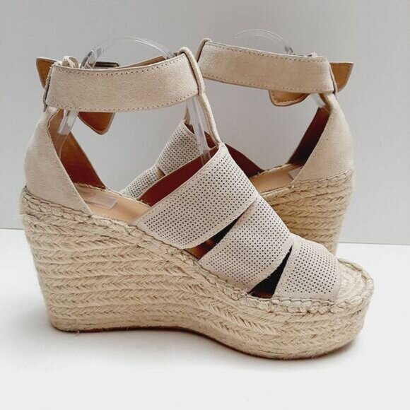 MARC FISHER \ Perforated Suede Open Toe Rope Platform Wedge Shoe Cream Beige 9 - Picture 11 of 16